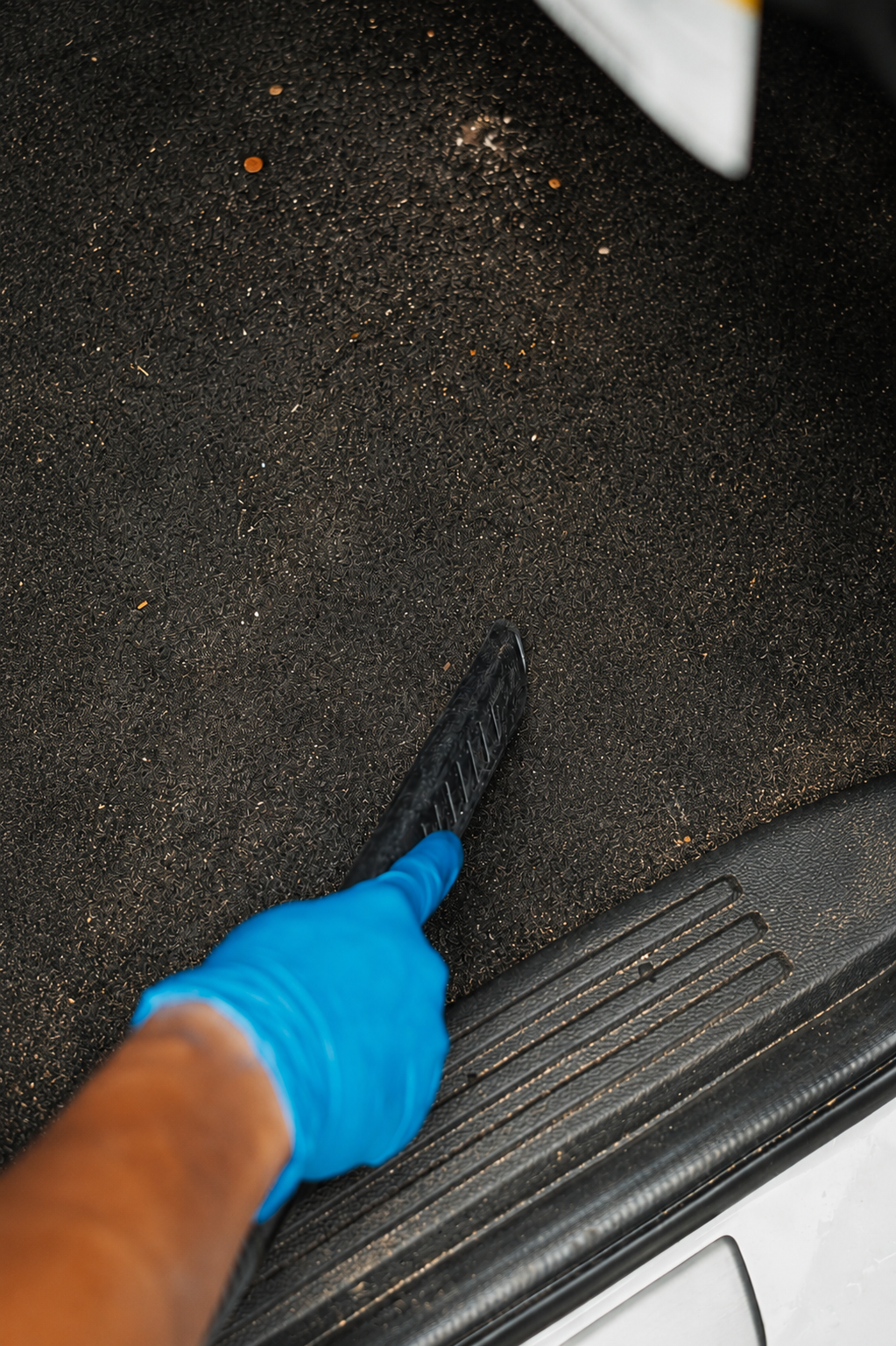 Car carpet before an interior detail in Raleigh NC — dusty and dirty